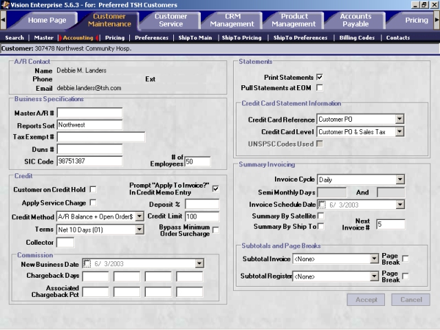 Accounting screen