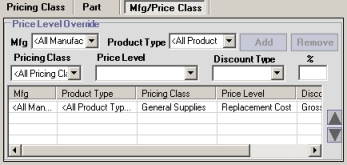 Mfg/Price Class tab of the Pricing screen