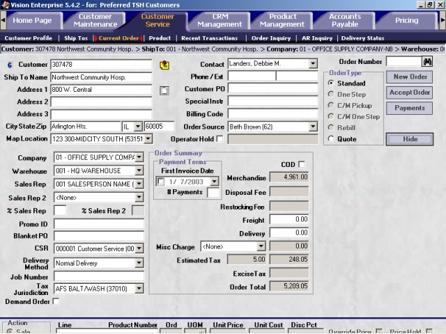 Current Order screen showing Order Details area for a Standard order