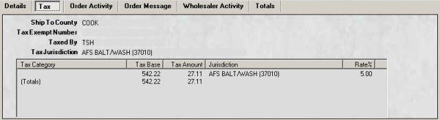 Tax tab on the Order Inquiry screen