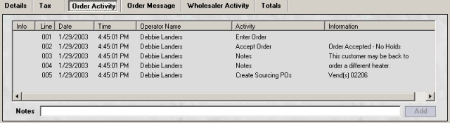 Order Activity tab on the Order Inquiry screen