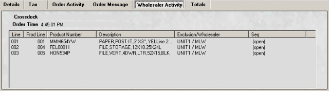 Wholesaler Activity tab on the Order Inquiry screen