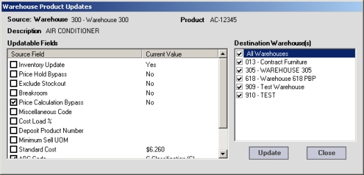 Warehouse Product Updates dialog box