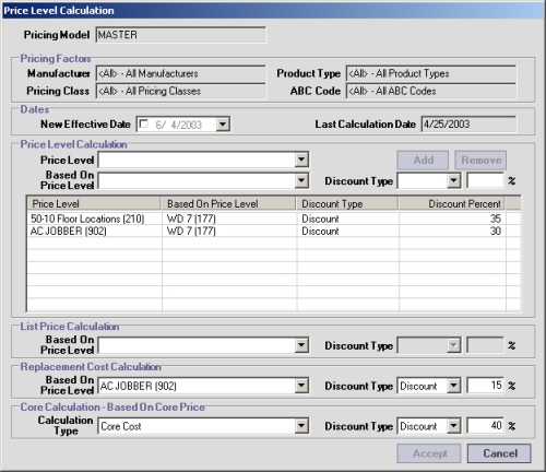 Price Level Calculation dialog box