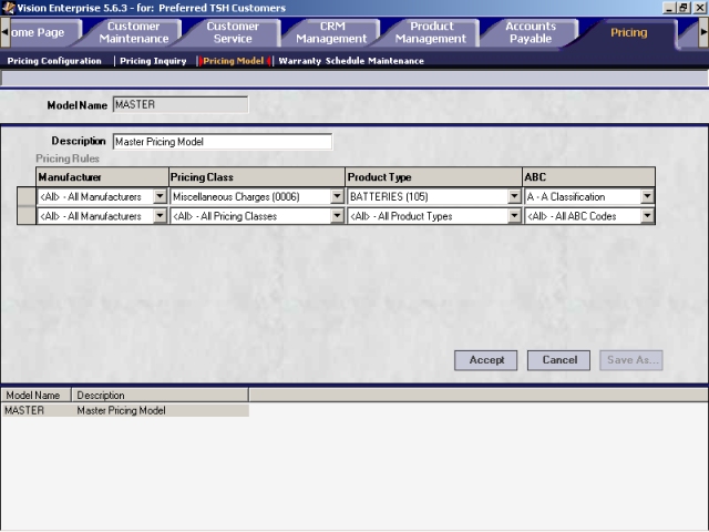 Pricing Model screen