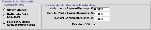 Reorder Points Calculation area, with the Based on Weighted Average Monthly Usage