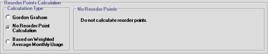 Reorder Points Calculation area, with the No Reorder Point Calculation option selected