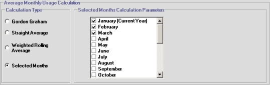 Average Monthly Usage Calculation area, with the Selected Months option selected