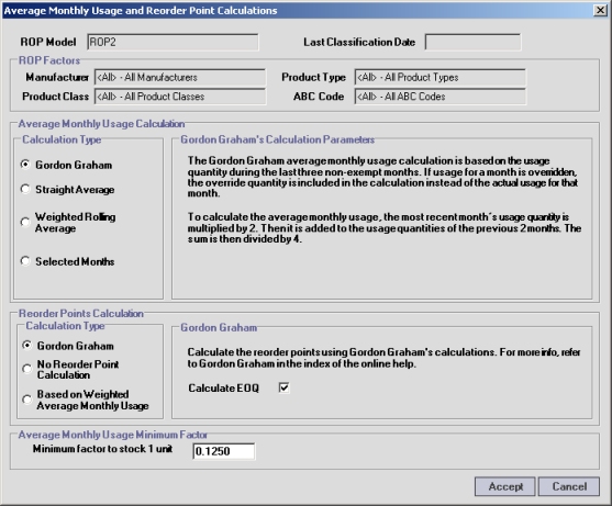 Average Monthly Usage and Reorder Point Calculations dialog box