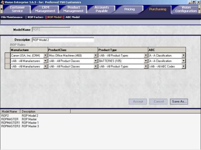 ROP Model screen