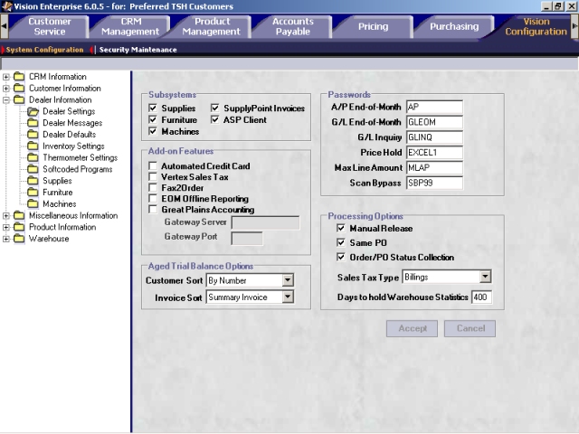 Dealer Settings screen