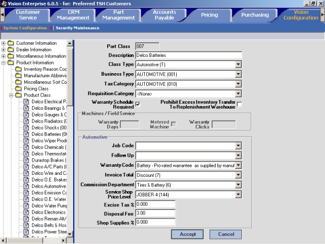 Product Class screen in the Auto flavor of Vision