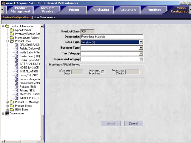Product Class screen in the Office Products flavor of Vision