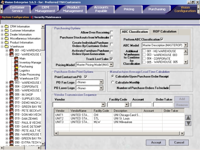 Purchasing screen, with the ABC Classification tab showing