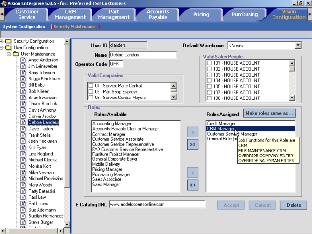 User Maintenance screen in the Auto flavor of Vision