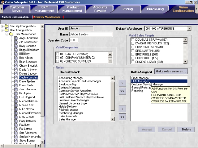 User Maintenance screen in the Office Products flavor of Vision