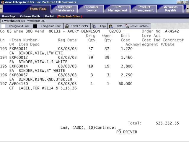 PO Line Item screen of Purchase Order Entry/Maintenance