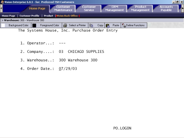 Log-on screen of Purchase Order Entry/Maintenance